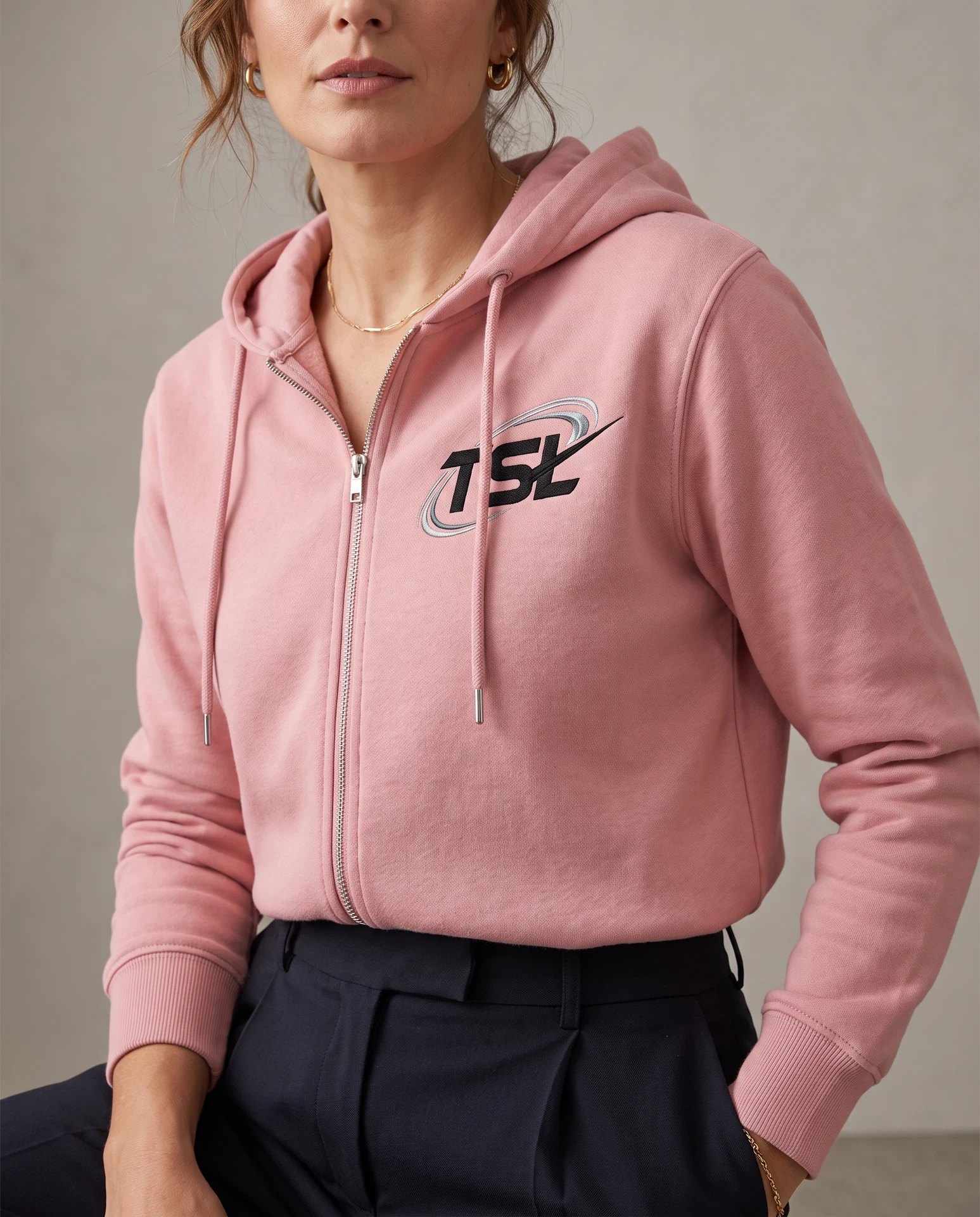 TheSweetLie pink hoodie with embroidered TSL logo