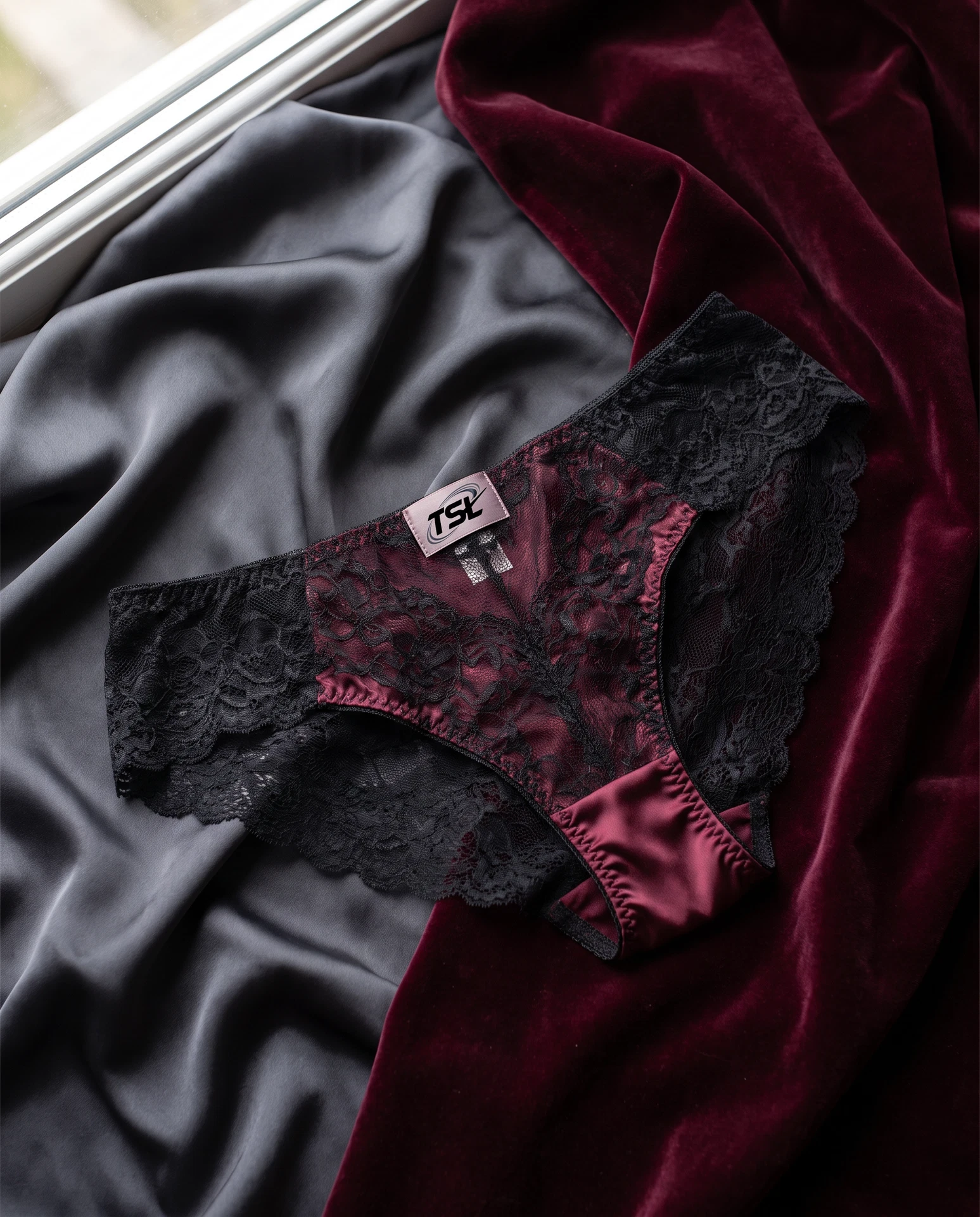 TheSweetLie burgundy and black panties with woven TSL label