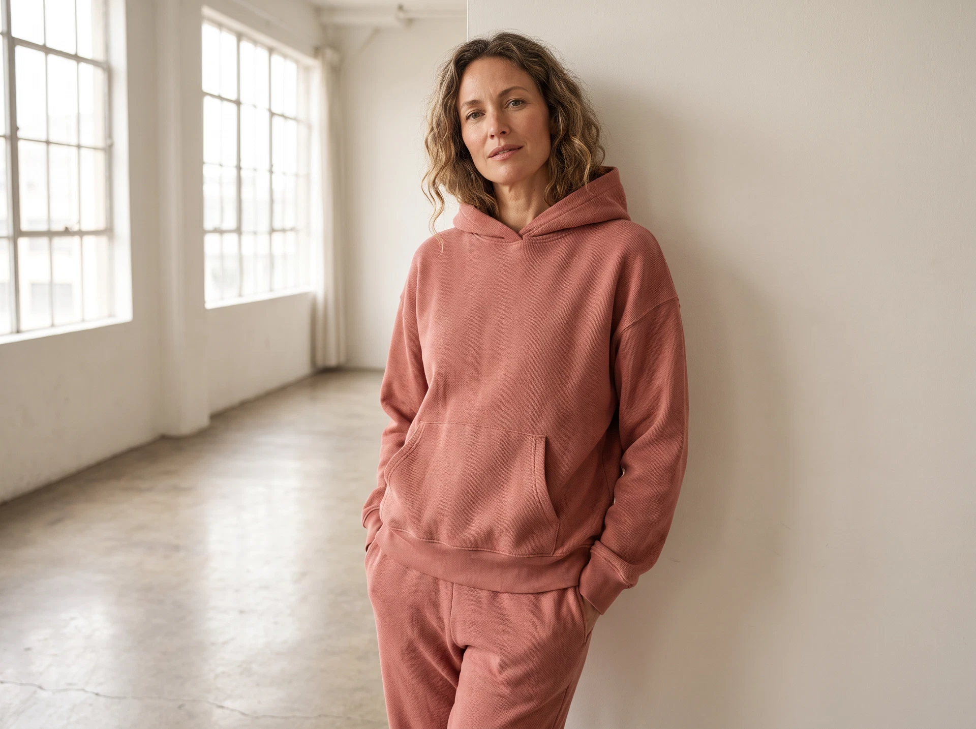 TheSweetLie rose-clay hoodie and joggers editorial photograph