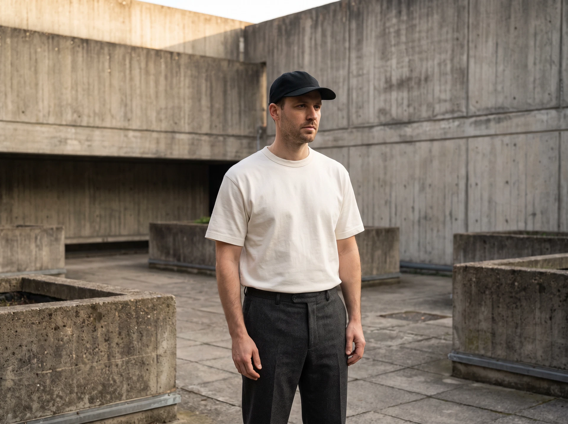 TheSweetLie ivory T-shirt, trousers, and cap editorial photograph