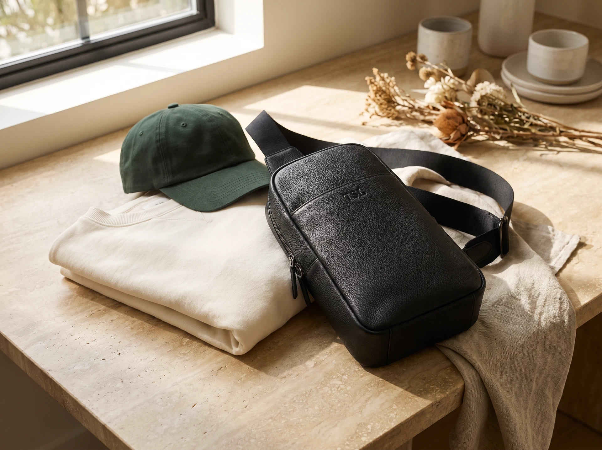 TheSweetLie sling bag towel cap and sweatshirt still life