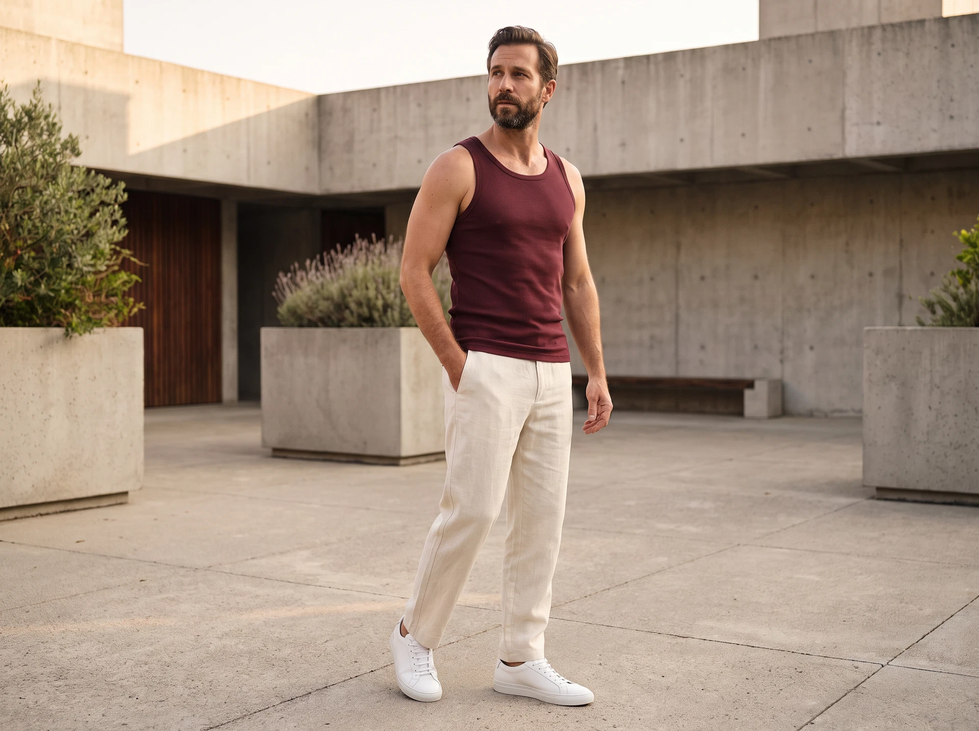 TheSweetLie burgundy tank top and cream trousers photograph