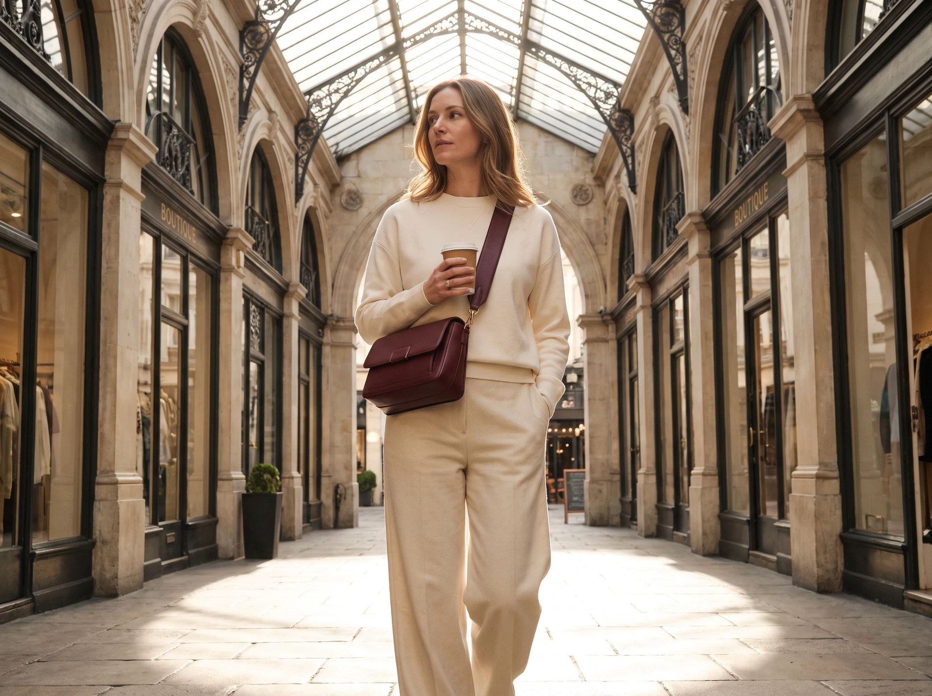 TheSweetLie cream sweatshirt and burgundy sling bag