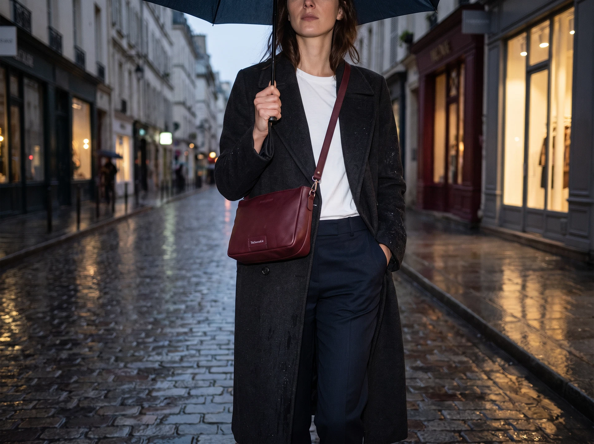 TheSweetLie black coat and burgundy sling bag photograph
