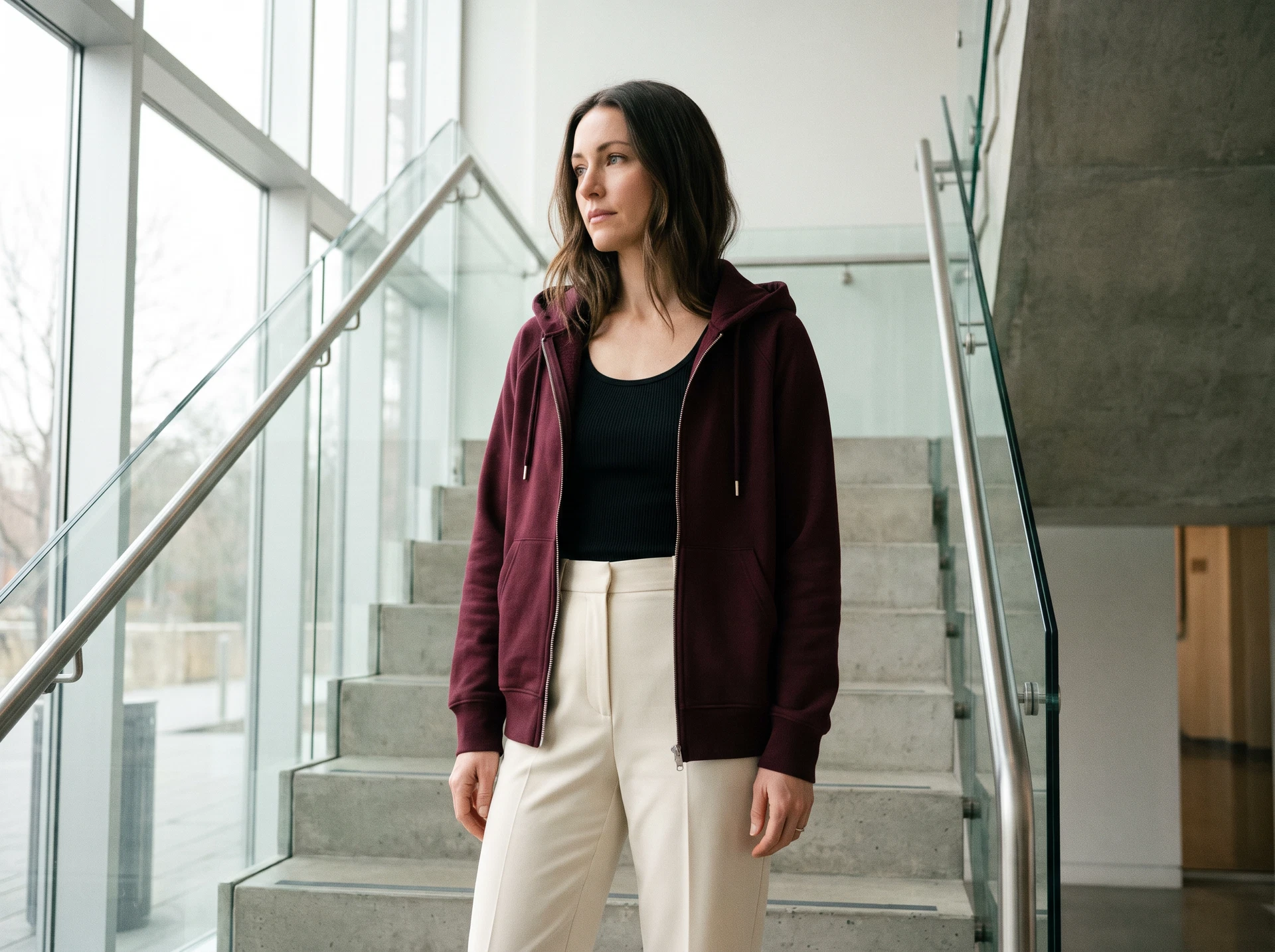 TheSweetLie burgundy zip hoodie and cream trousers
