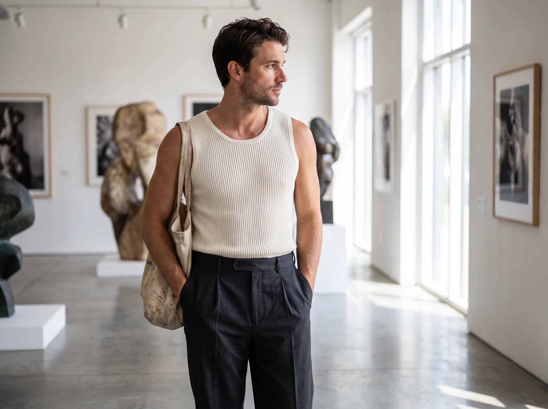TheSweetLie ivory tank and pleated trousers photograph