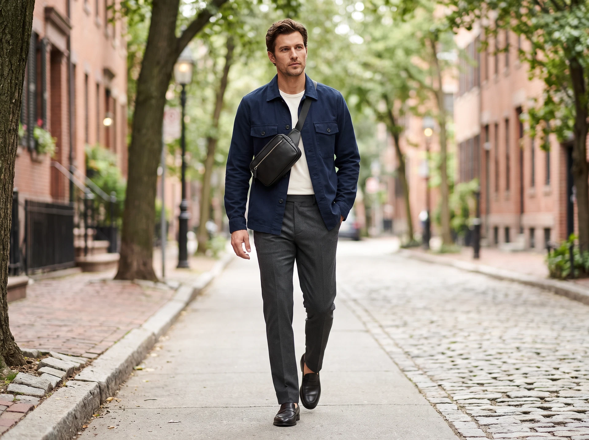 TheSweetLie navy overshirt and black sling bag