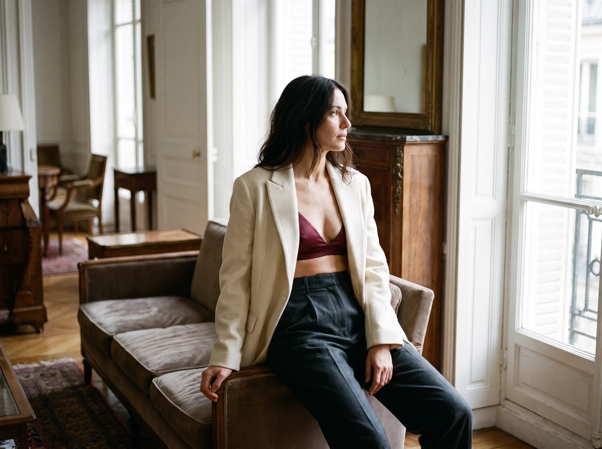 TheSweetLie burgundy bralette and ivory blazer