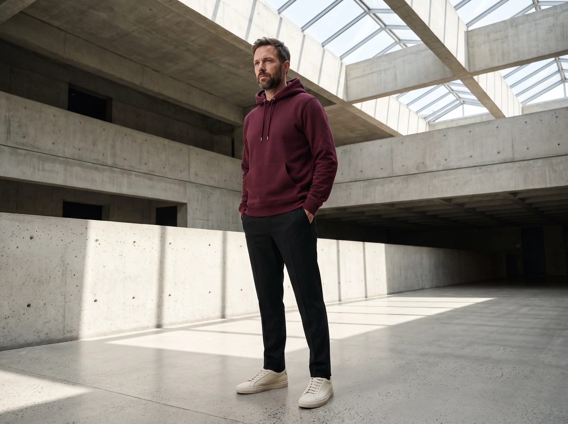 TheSweetLie burgundy hoodie and black trousers