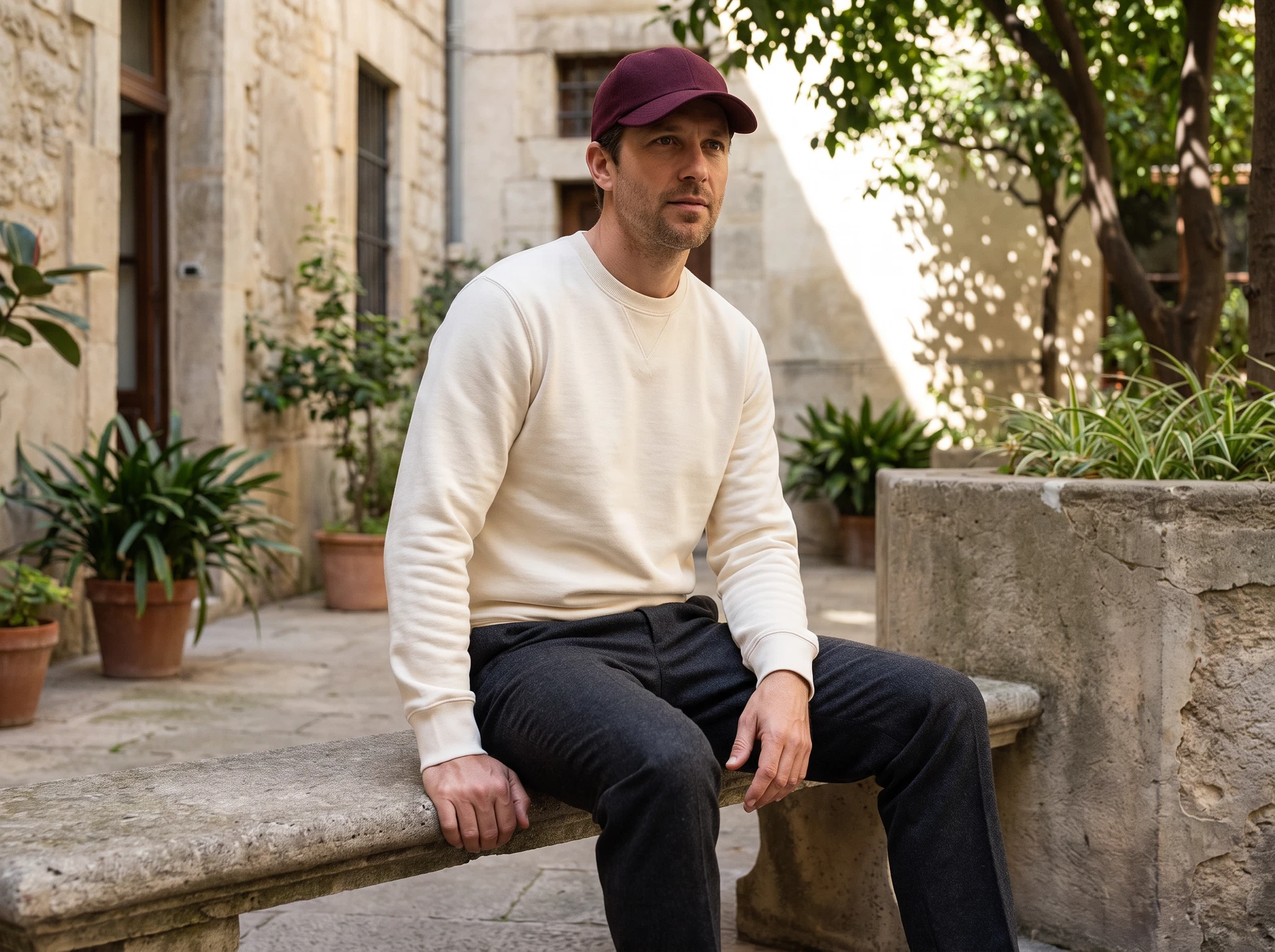 TheSweetLie cream sweatshirt and charcoal trousers