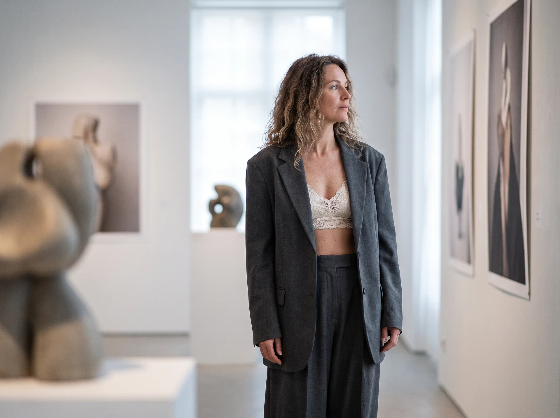 TheSweetLie cream bralette and charcoal blazer