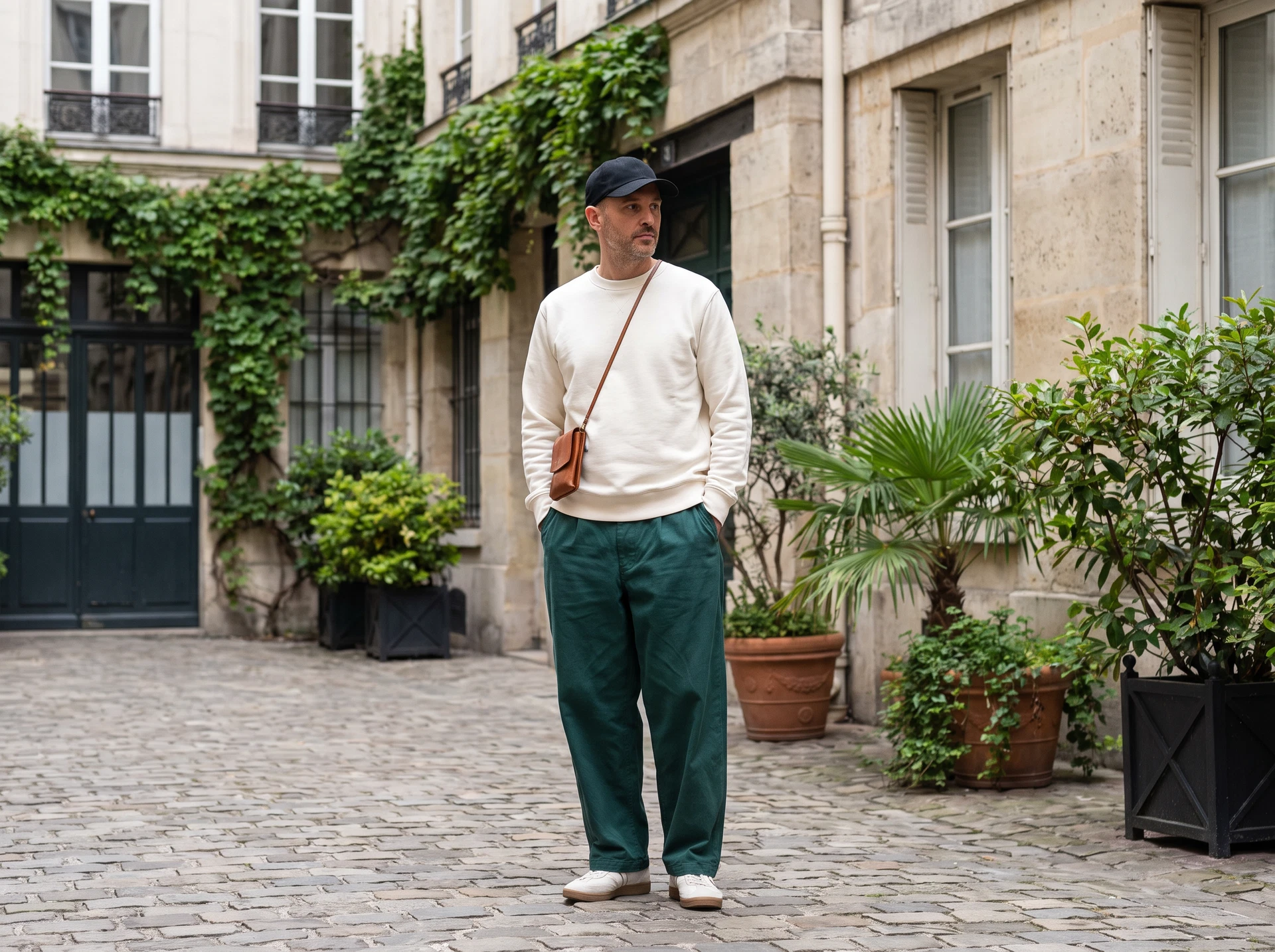 TheSweetLie ivory sweatshirt and green trousers