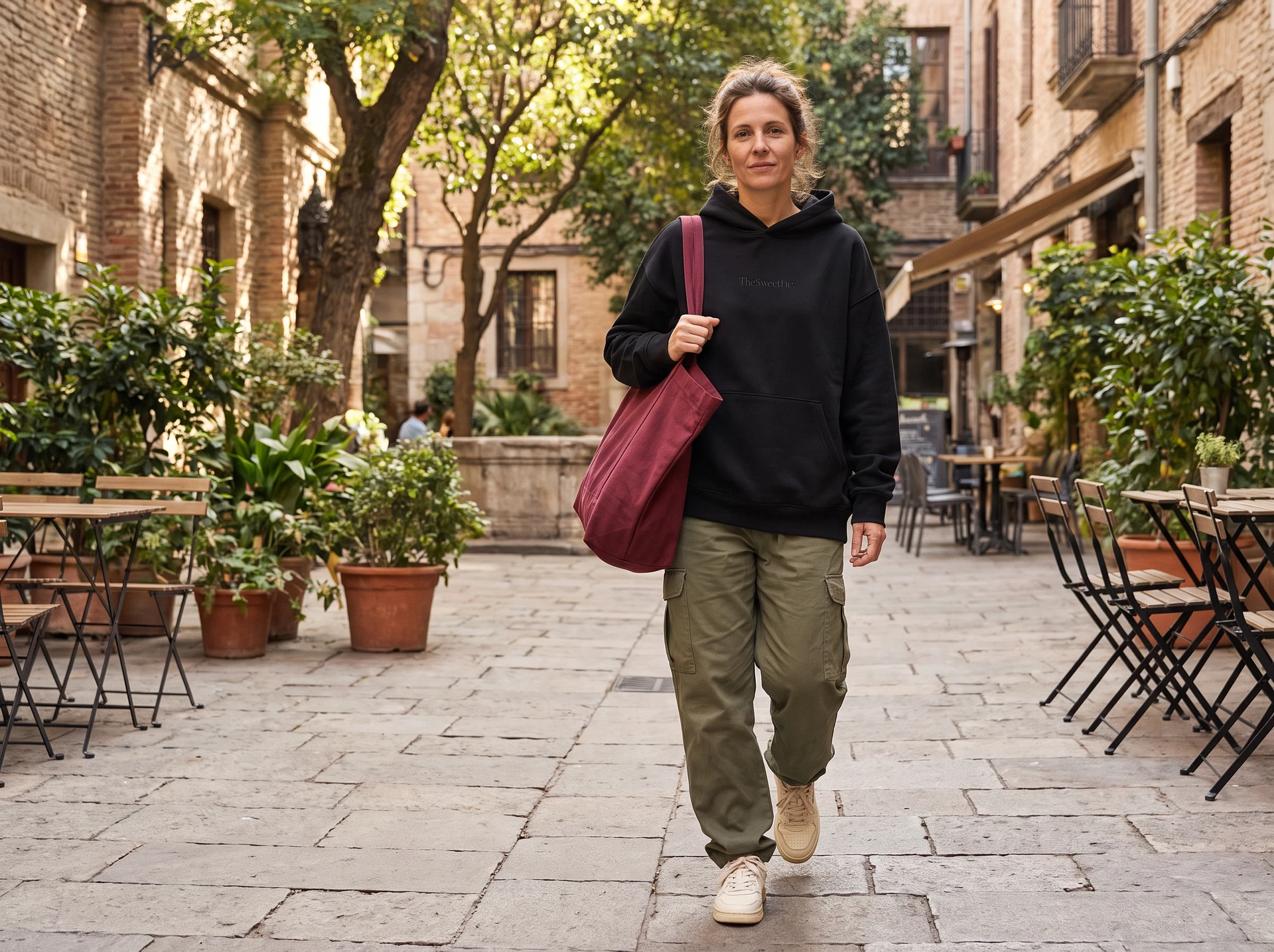 TheSweetLie black sweatshirt olive trousers and tote
