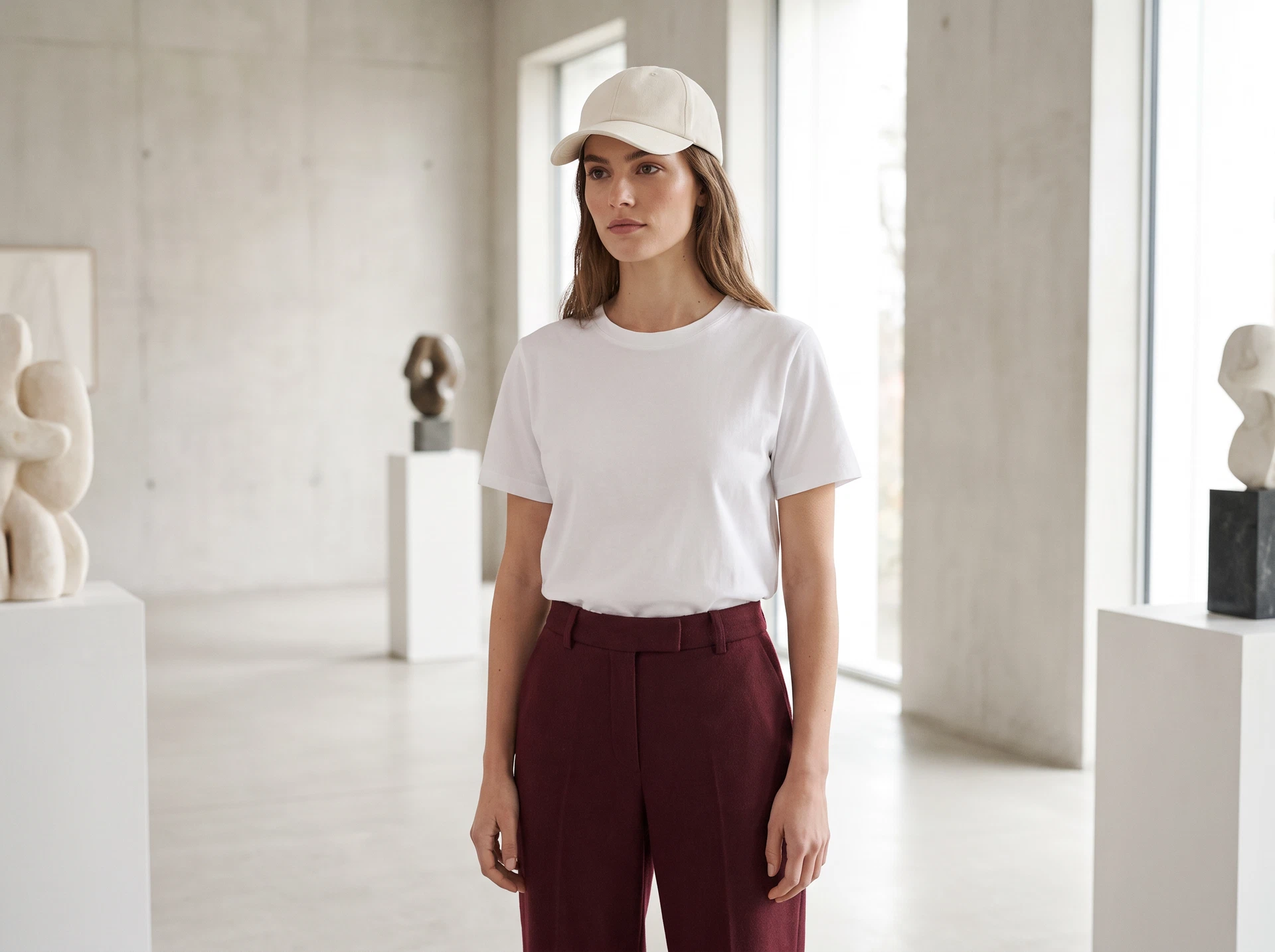 TheSweetLie white T-shirt and burgundy trousers