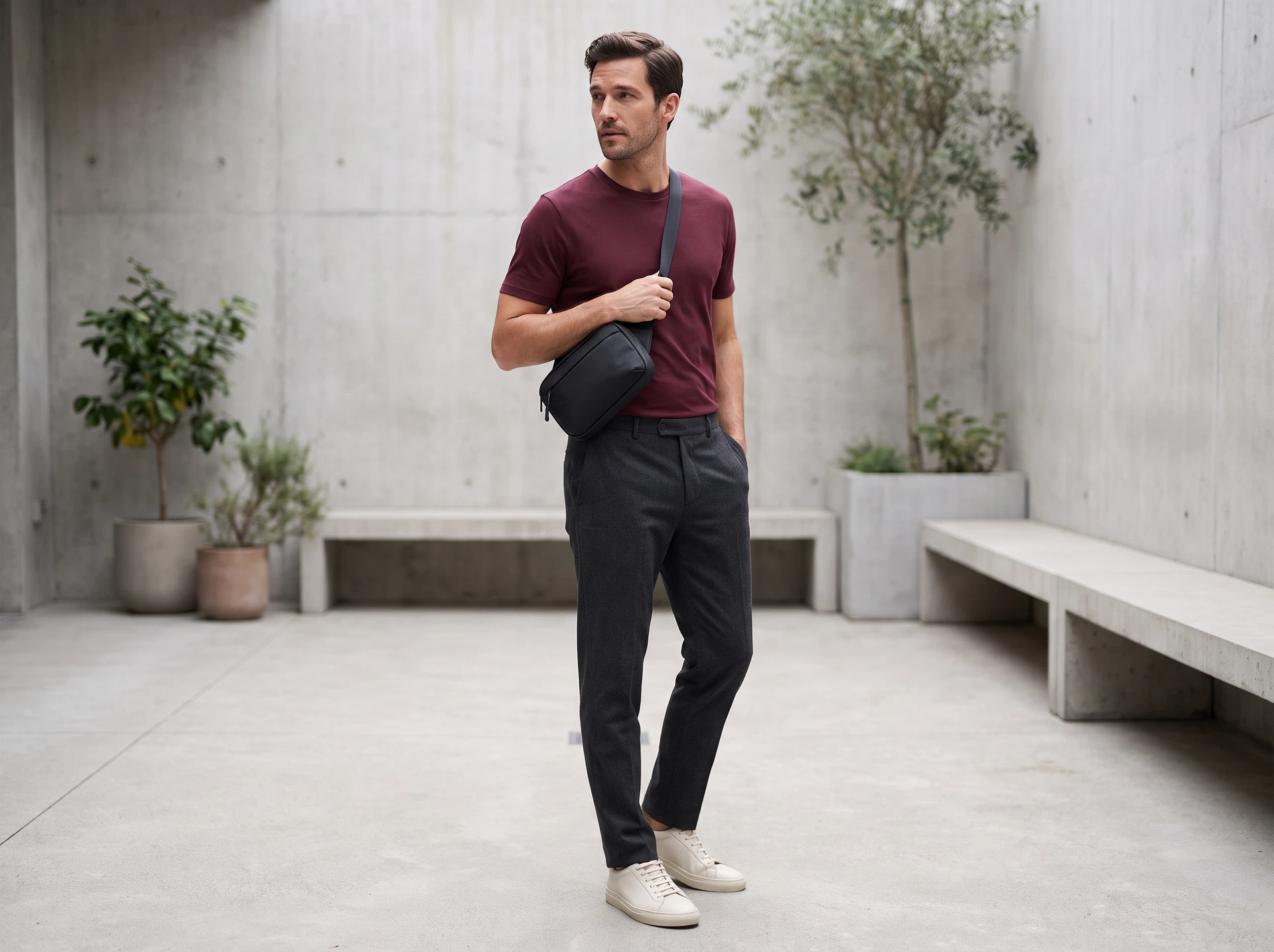 TheSweetLie burgundy T-shirt and black sling bag