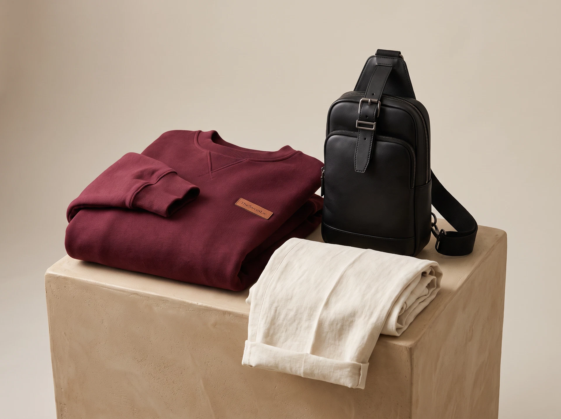 TheSweetLie burgundy sweatshirt and black sling bag