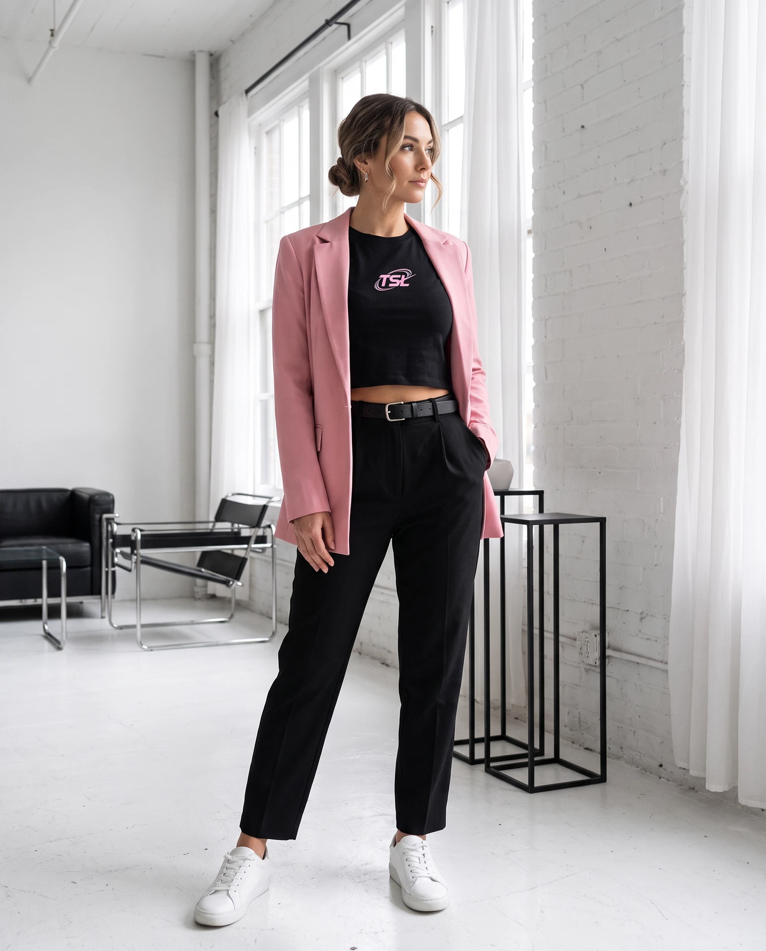 TheSweetLie black crop top with white and pink TSL logo