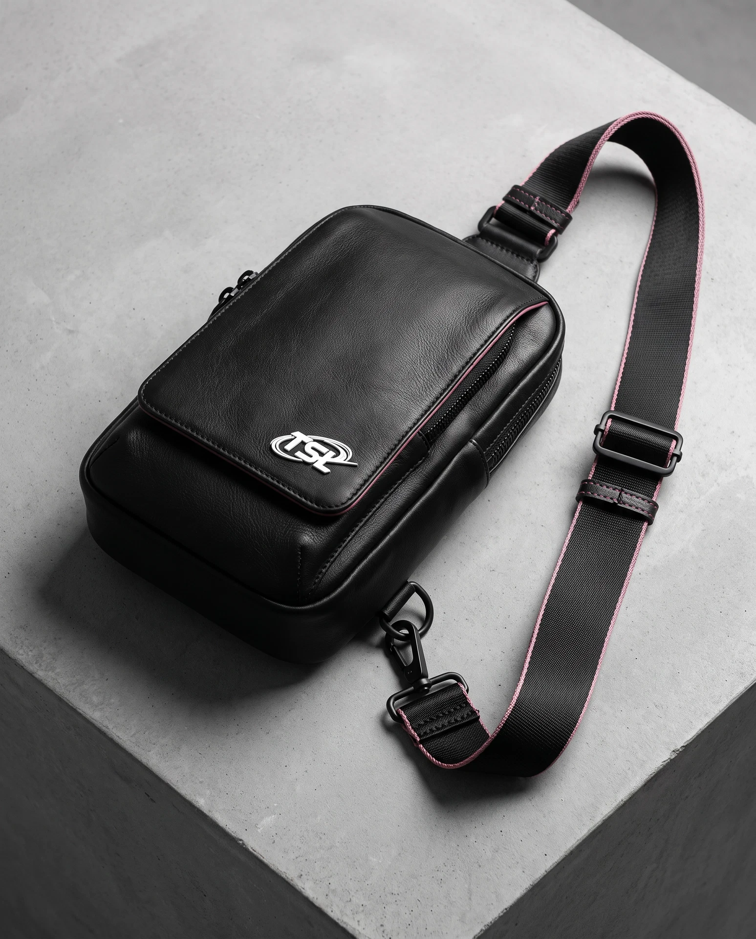 TheSweetLie black sling bag with white TSL emblem