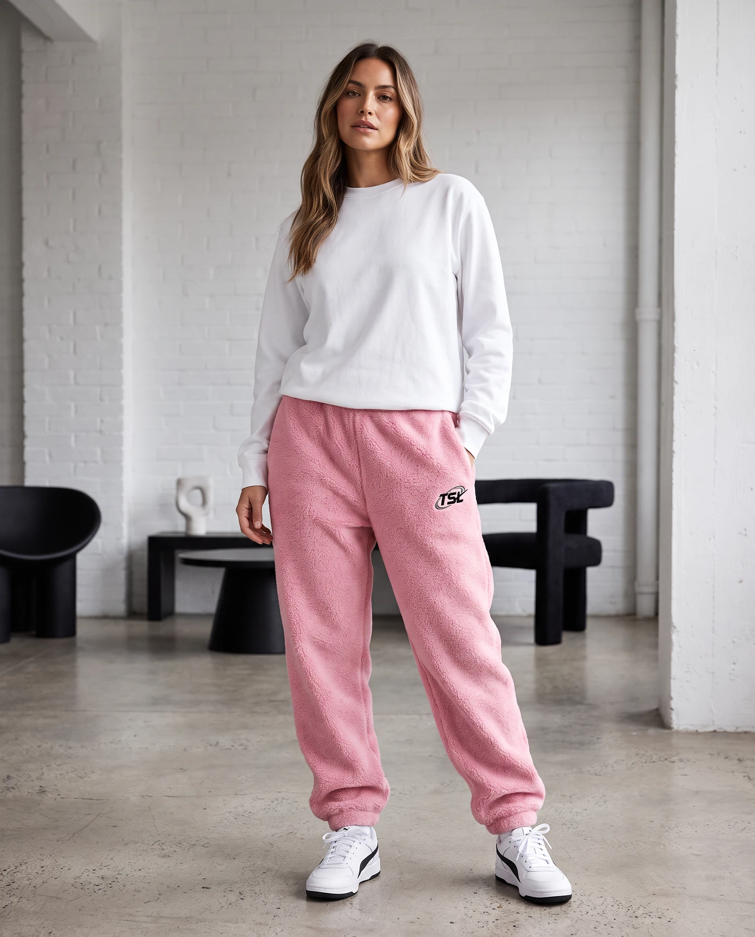 TheSweetLie pink sweatpants with black TSL logo