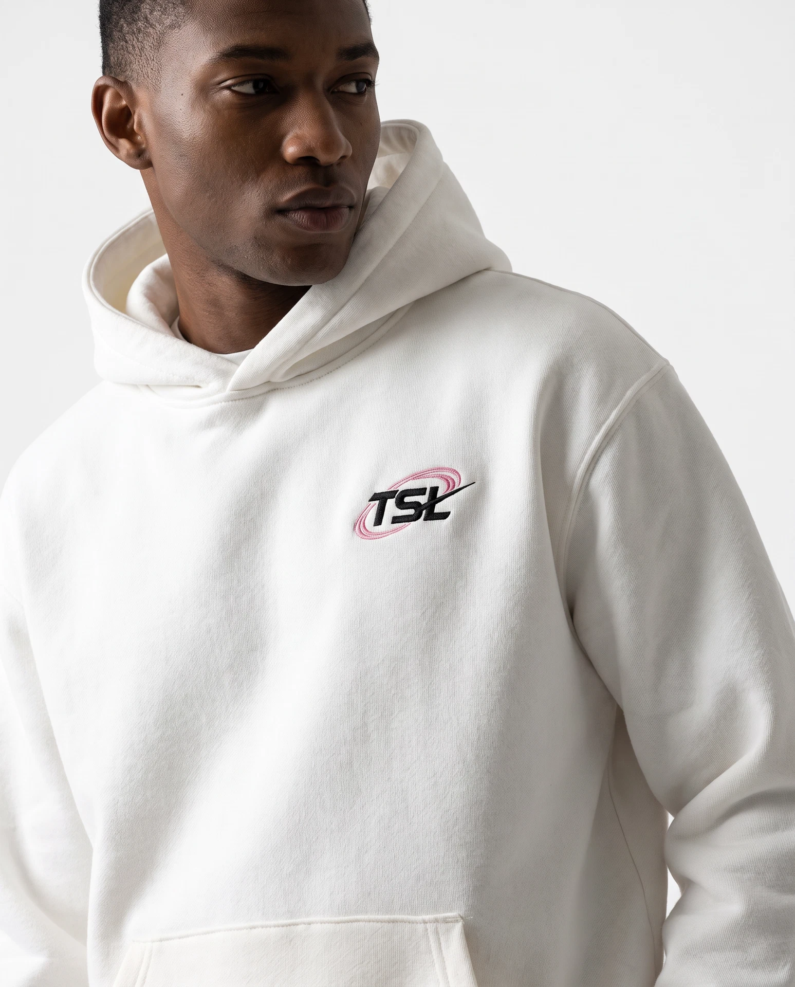 TheSweetLie white hoodie with pink and black TSL embroidery