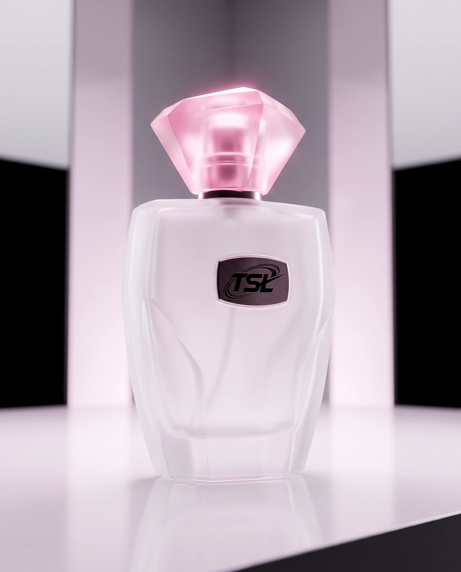 TheSweetLie white future perfume bottle with black TSL emblem