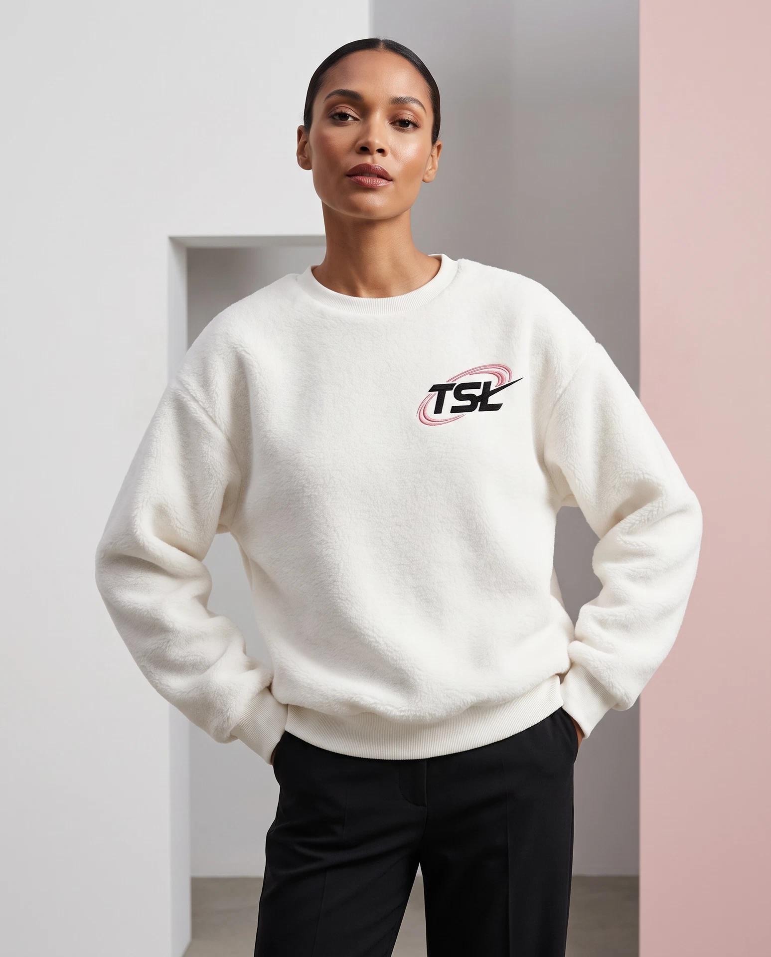TheSweetLie white sweatshirt with pink and black TSL embroidery