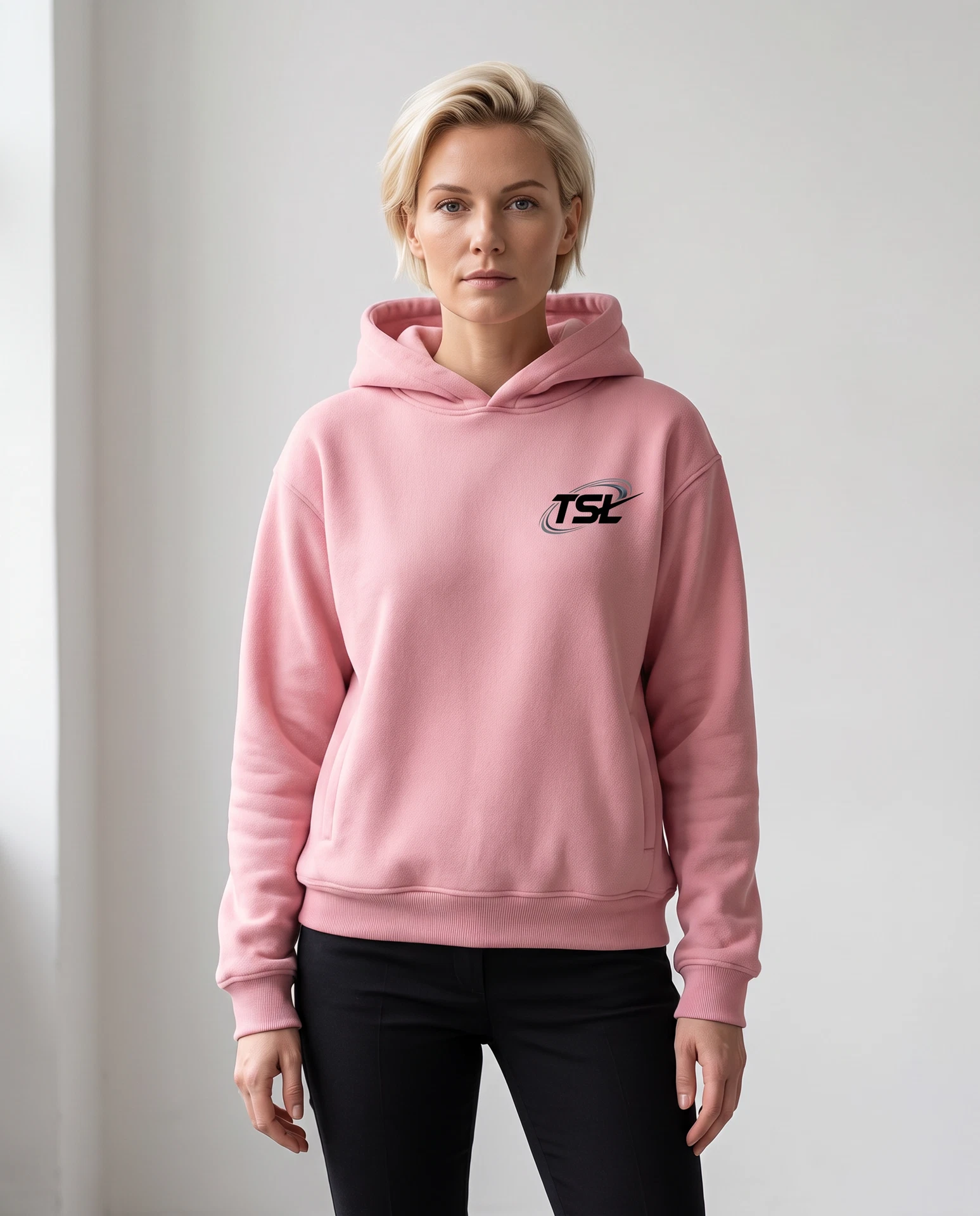 TheSweetLie pink hoodie with black TSL logo